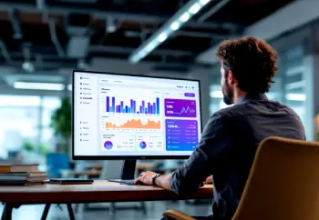 A man is working on a computer with a graph on the screen.
